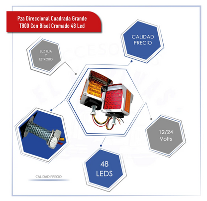Pza Direccional Cuadrada T800 Bisel Cromado Pza 48 Lds Ambar-rojo